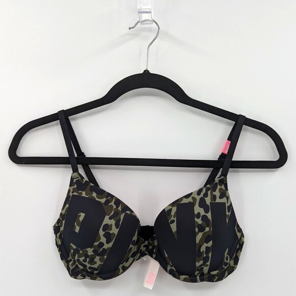Victoria's Secret Other - Victoria's Secret PINK Bra Women's 32A Green Black Camouflage Logo Push Up